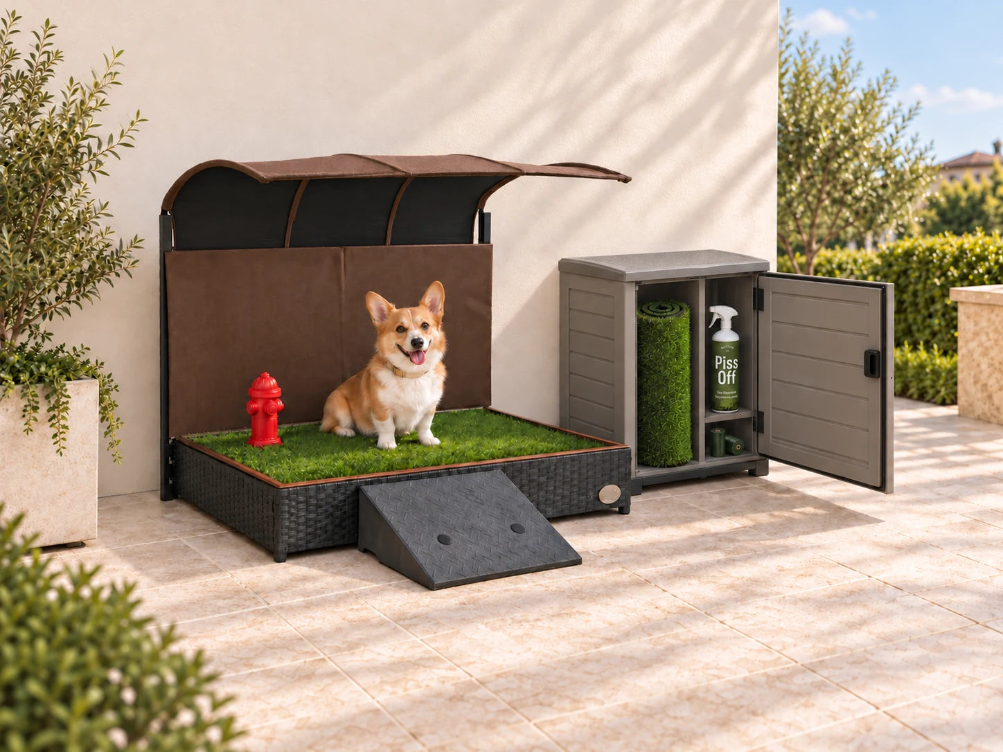 Corgi on a Porch Potty with canopy, ramp, and care essentials on a sunny patio